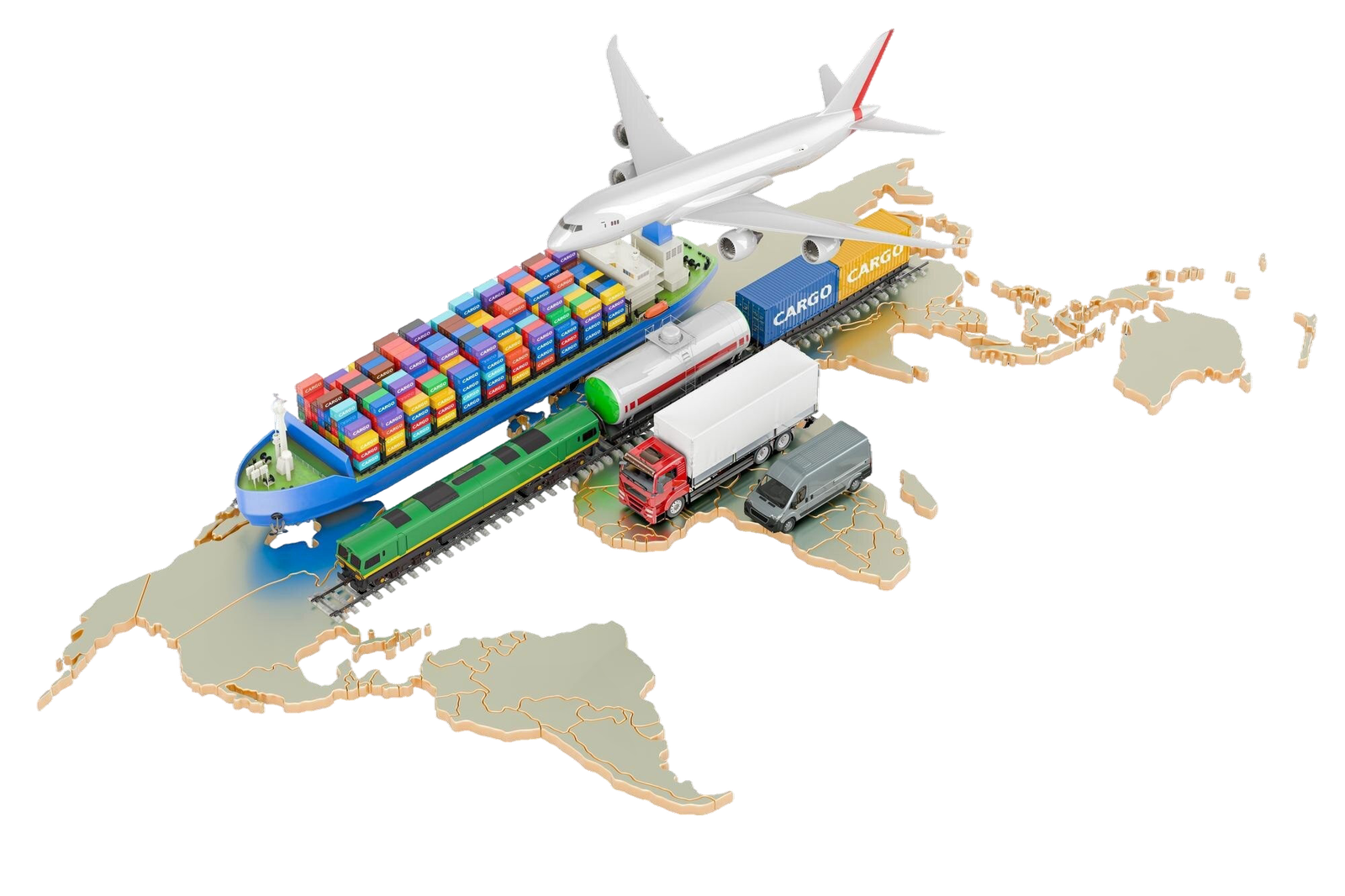Global logistics network showing truck, train, ship, and world map for international trade contact